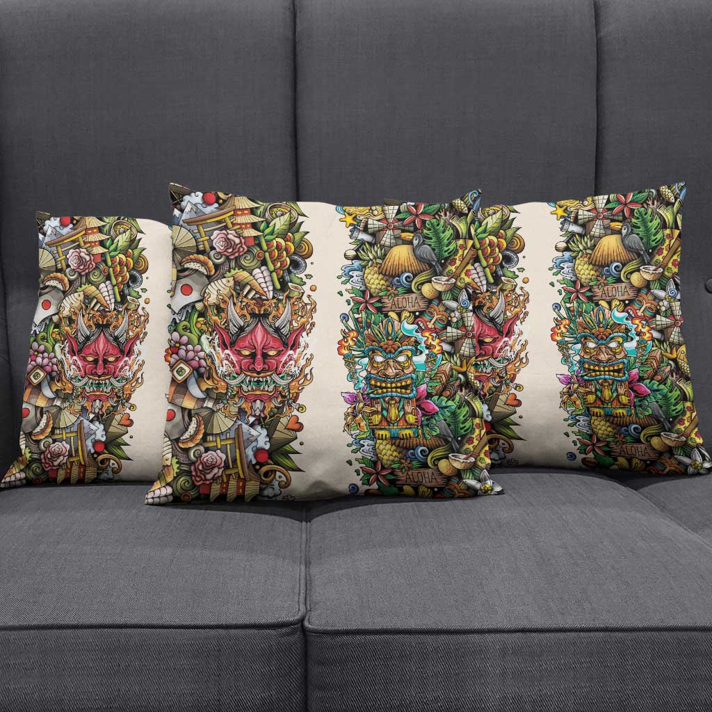 Hawaii And Japan Pillow Cover Tiki With Oni Mask - Wonder Print Shop