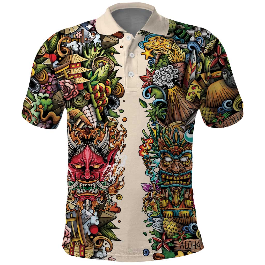 Hawaii And Japan Polo Shirt Tiki With Oni Mask - Wonder Print Shop