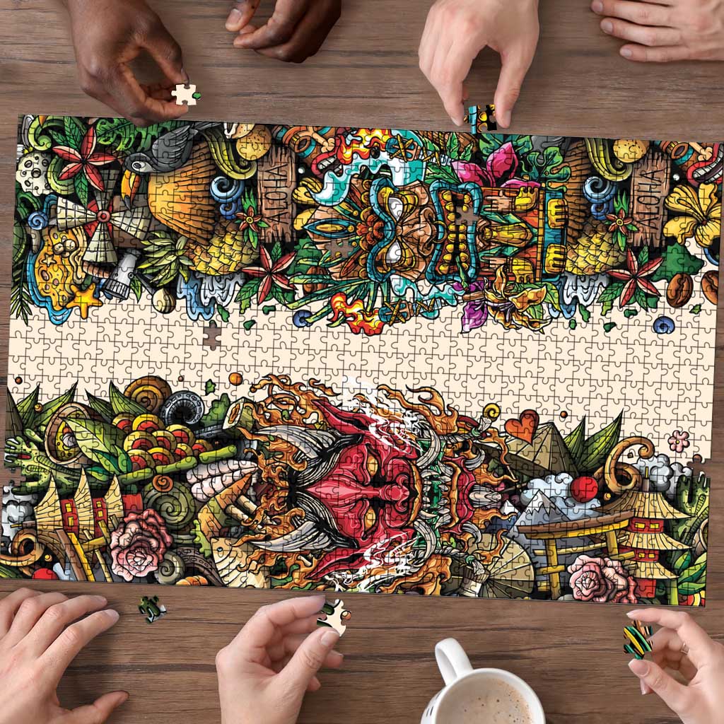 Hawaii And Japan Puzzle Tiki With Oni Mask - Wonder Print Shop