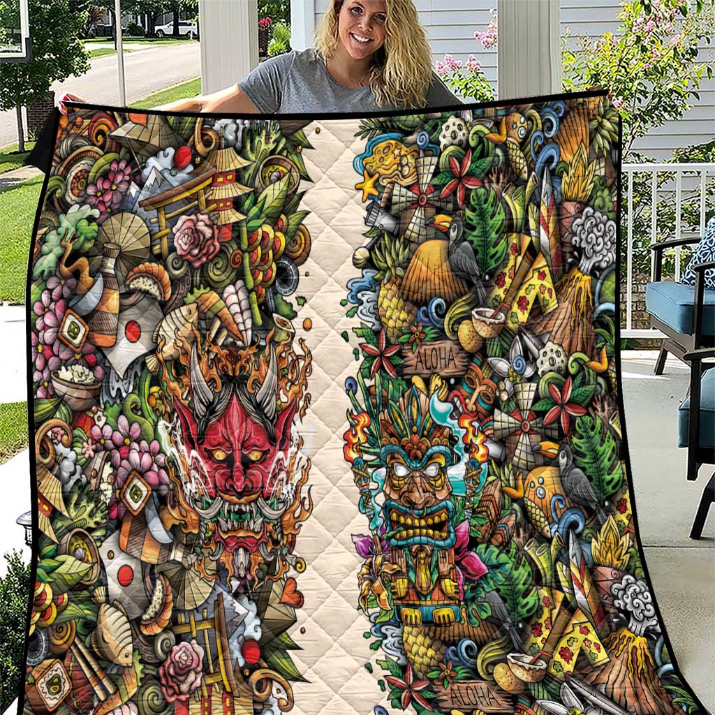 Hawaii And Japan Quilt Tiki With Oni Mask - Wonder Print Shop