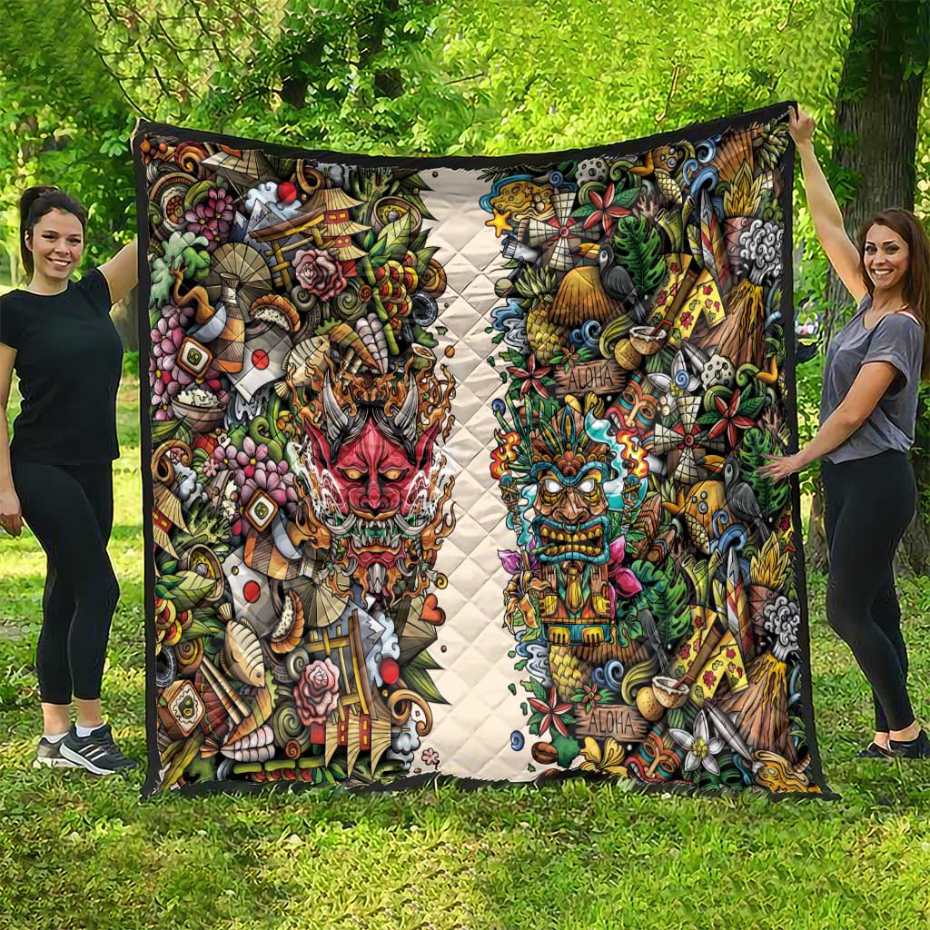 Hawaii And Japan Quilt Tiki With Oni Mask - Wonder Print Shop