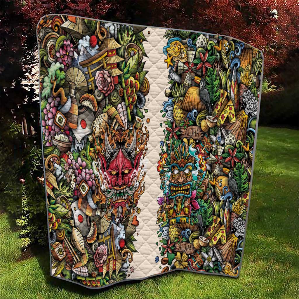 Hawaii And Japan Quilt Tiki With Oni Mask - Wonder Print Shop
