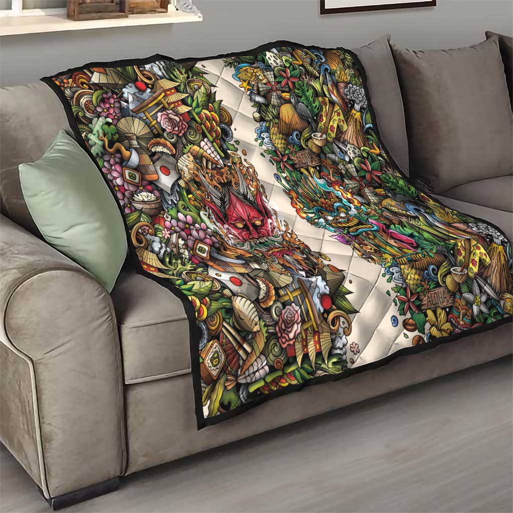 Hawaii And Japan Quilt Tiki With Oni Mask - Wonder Print Shop