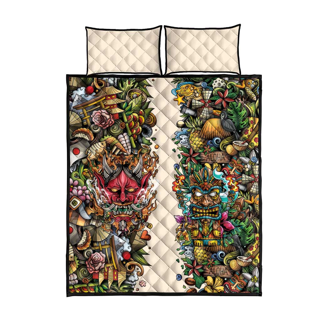 Hawaii And Japan Quilt Bed Set Tiki With Oni Mask - Wonder Print Shop