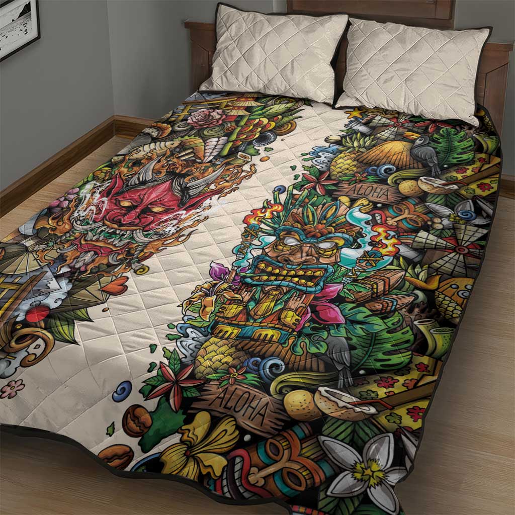 Hawaii And Japan Quilt Bed Set Tiki With Oni Mask - Wonder Print Shop