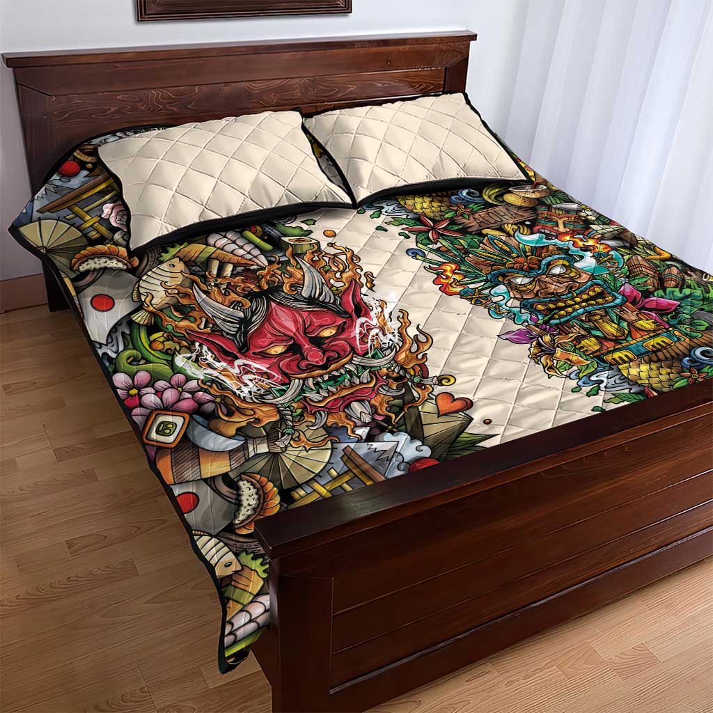 Hawaii And Japan Quilt Bed Set Tiki With Oni Mask - Wonder Print Shop