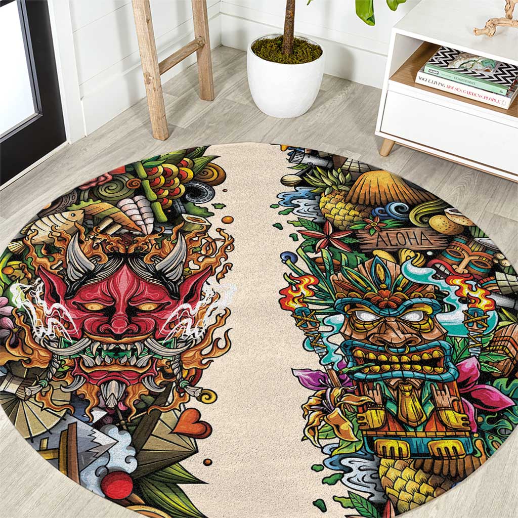 Hawaii And Japan Round Carpet Tiki With Oni Mask - Wonder Print Shop