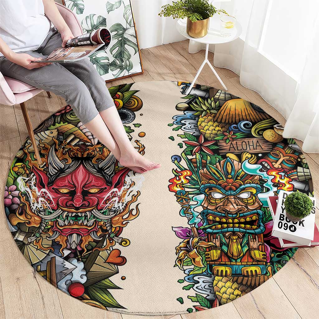Hawaii And Japan Round Carpet Tiki With Oni Mask - Wonder Print Shop