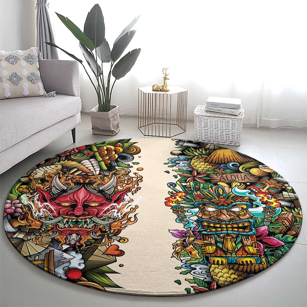 Hawaii And Japan Round Carpet Tiki With Oni Mask - Wonder Print Shop