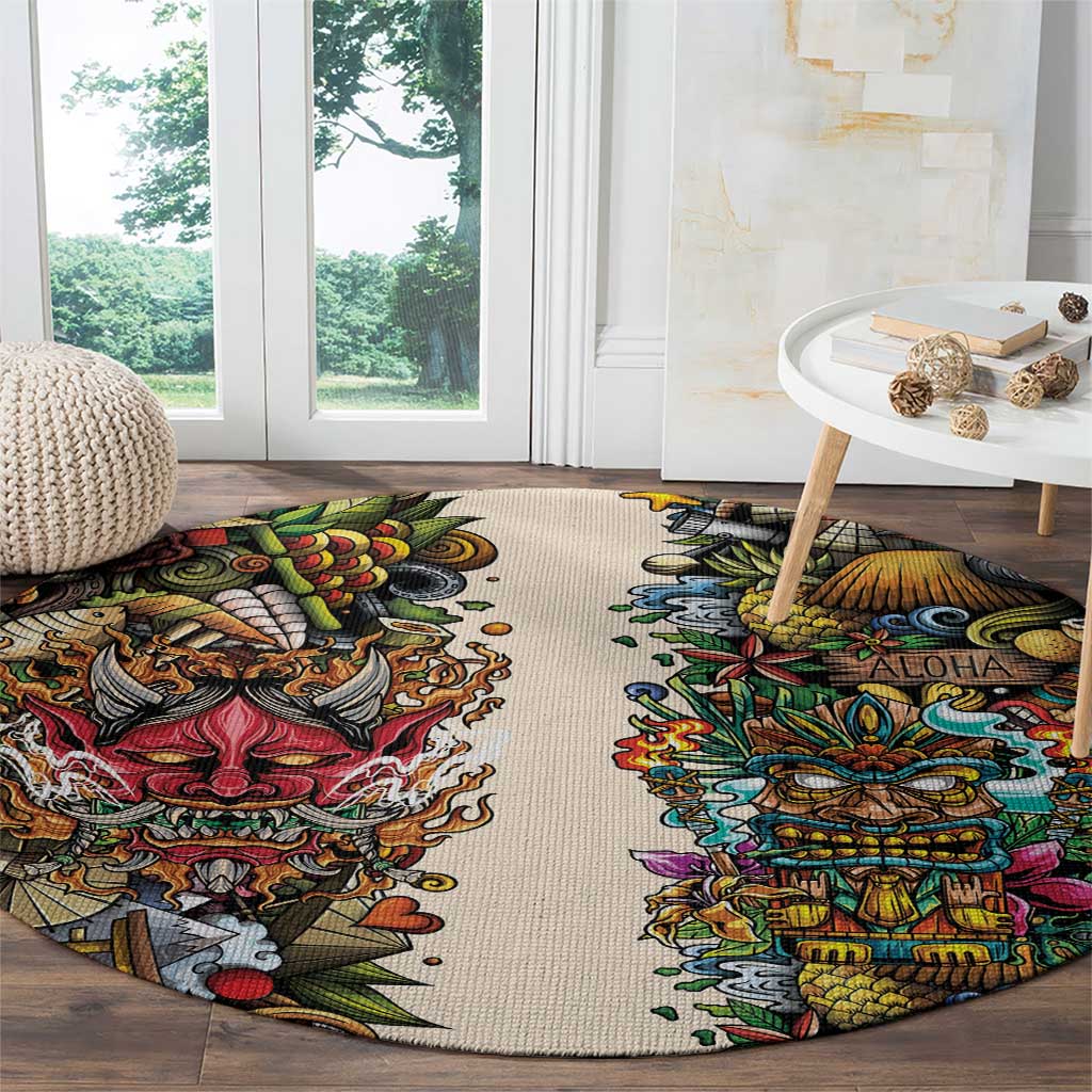 Hawaii And Japan Round Carpet Tiki With Oni Mask - Wonder Print Shop