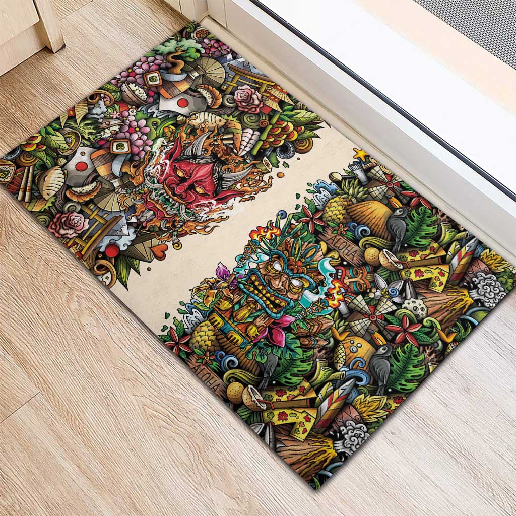 Hawaii And Japan Rubber Doormat Tiki With Oni Mask - Wonder Print Shop