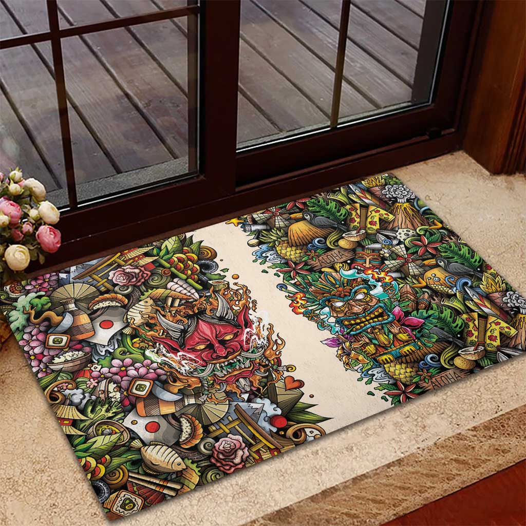 Hawaii And Japan Rubber Doormat Tiki With Oni Mask - Wonder Print Shop