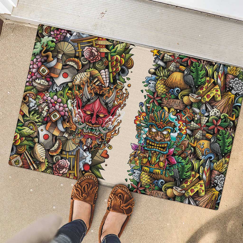 Hawaii And Japan Rubber Doormat Tiki With Oni Mask - Wonder Print Shop