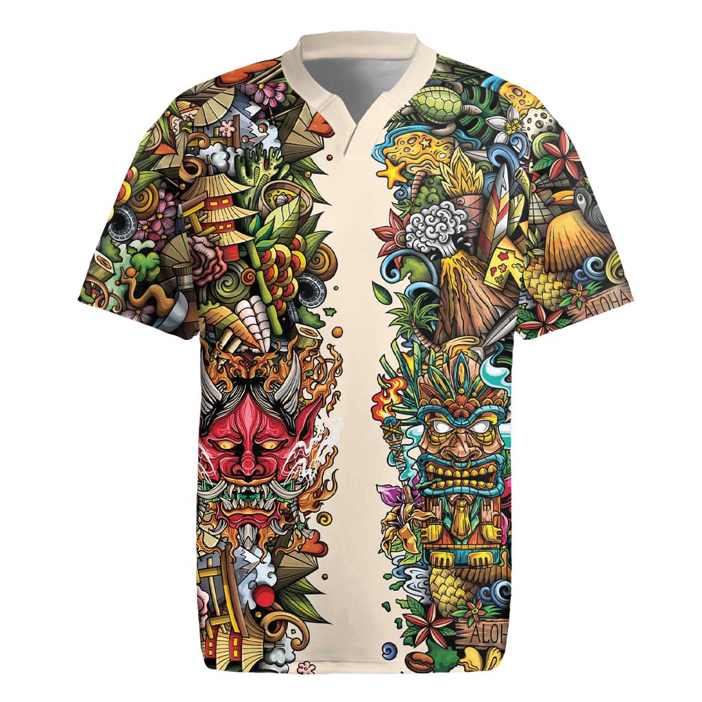 Hawaii And Japan Rugby Jersey Tiki With Oni Mask - Wonder Print Shop