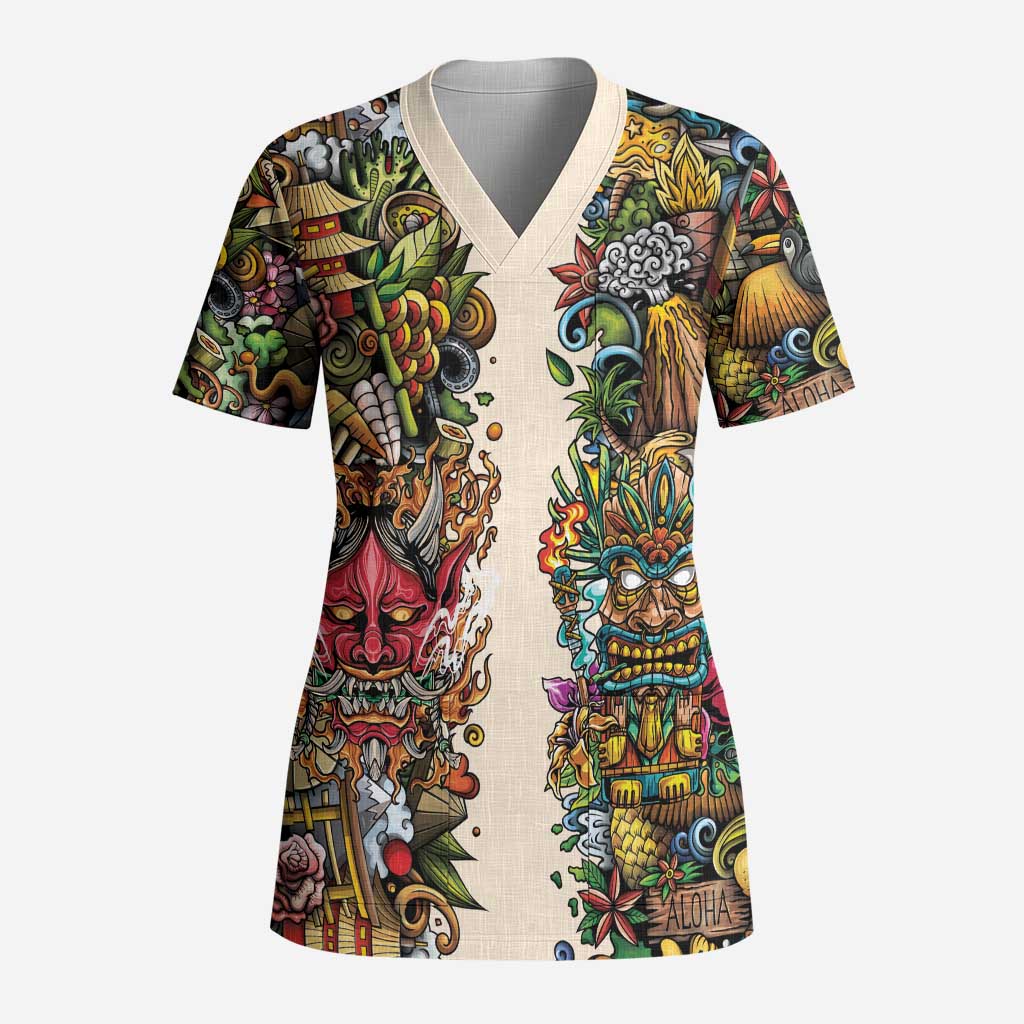 Hawaii And Japan Scrub Top Tiki With Oni Mask - Wonder Print Shop