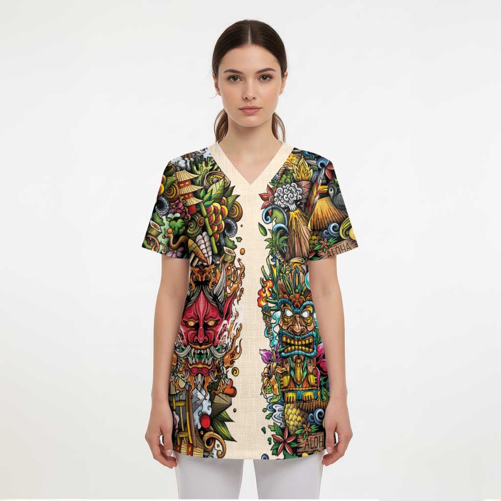 Hawaii And Japan Scrub Top Tiki With Oni Mask - Wonder Print Shop
