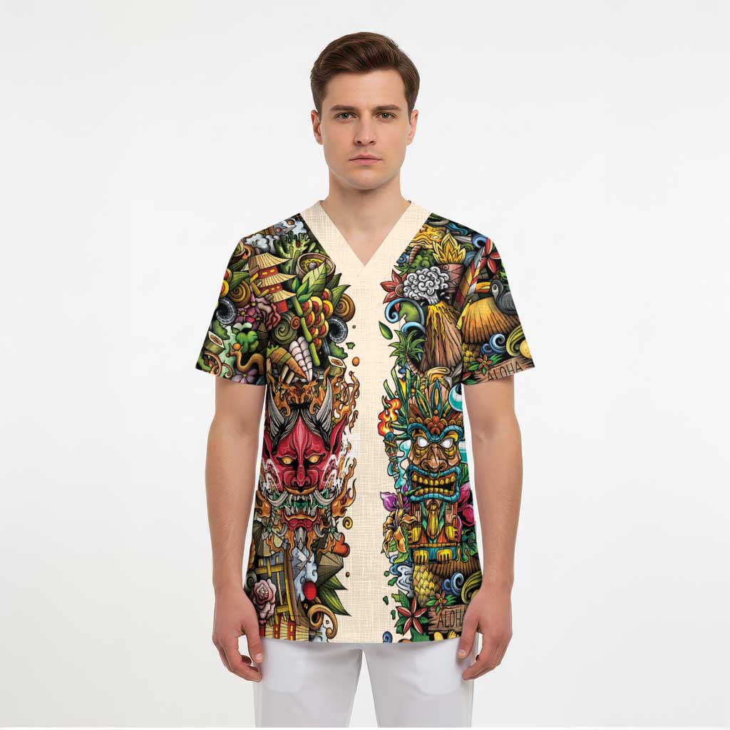 Hawaii And Japan Scrub Top Tiki With Oni Mask - Wonder Print Shop