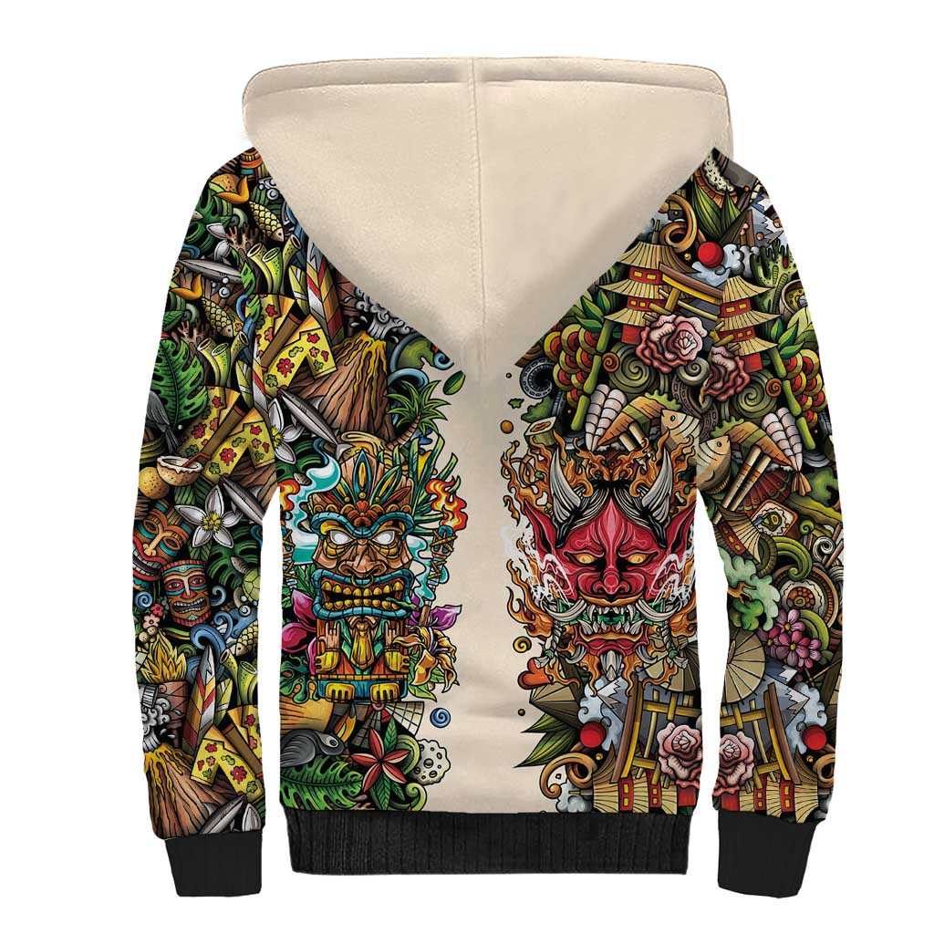 Hawaii And Japan Sherpa Hoodie Tiki With Oni Mask - Wonder Print Shop