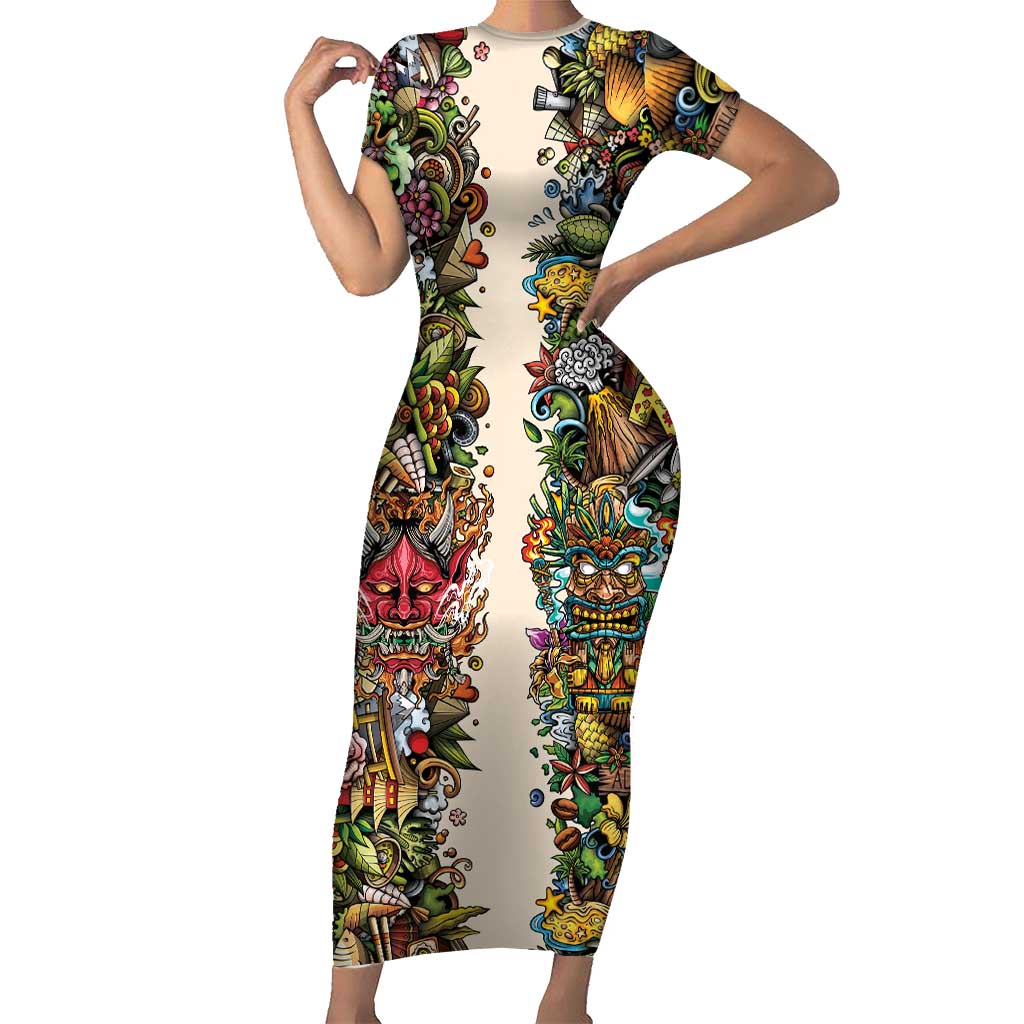 Hawaii And Japan Short Sleeve Bodycon Dress Tiki With Oni Mask - Wonder Print Shop