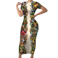 Hawaii And Japan Short Sleeve Bodycon Dress Tiki With Oni Mask - Wonder Print Shop