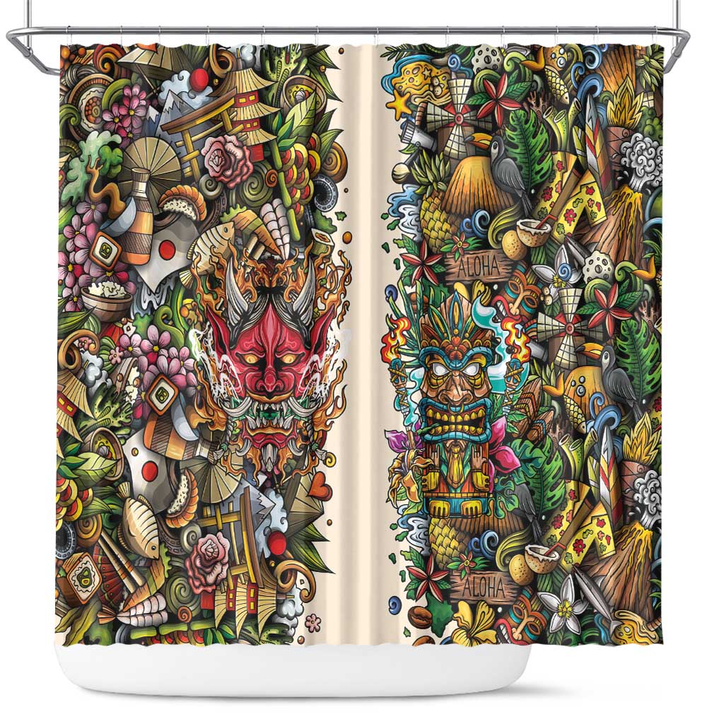 Hawaii And Japan Shower Curtain Tiki With Oni Mask - Wonder Print Shop