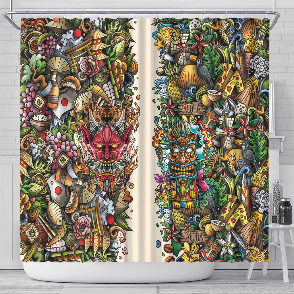 Hawaii And Japan Shower Curtain Tiki With Oni Mask - Wonder Print Shop