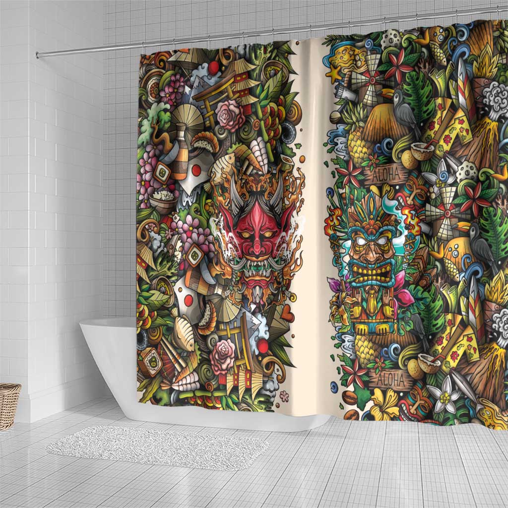 Hawaii And Japan Shower Curtain Tiki With Oni Mask - Wonder Print Shop