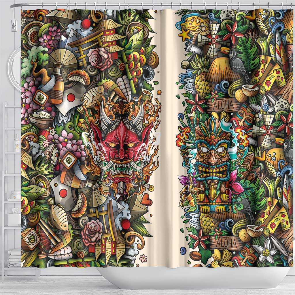Hawaii And Japan Shower Curtain Tiki With Oni Mask - Wonder Print Shop