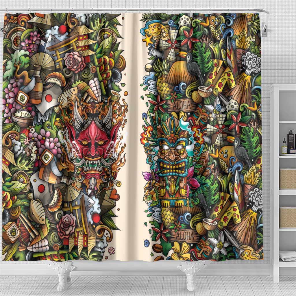 Hawaii And Japan Shower Curtain Tiki With Oni Mask - Wonder Print Shop