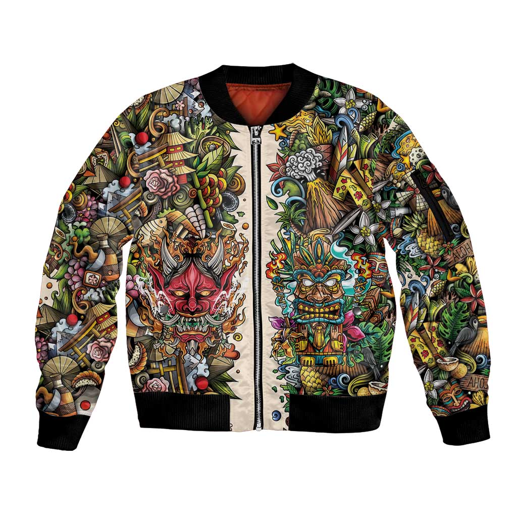 Hawaii And Japan Sleeve Zip Bomber Jacket Tiki With Oni Mask - Wonder Print Shop