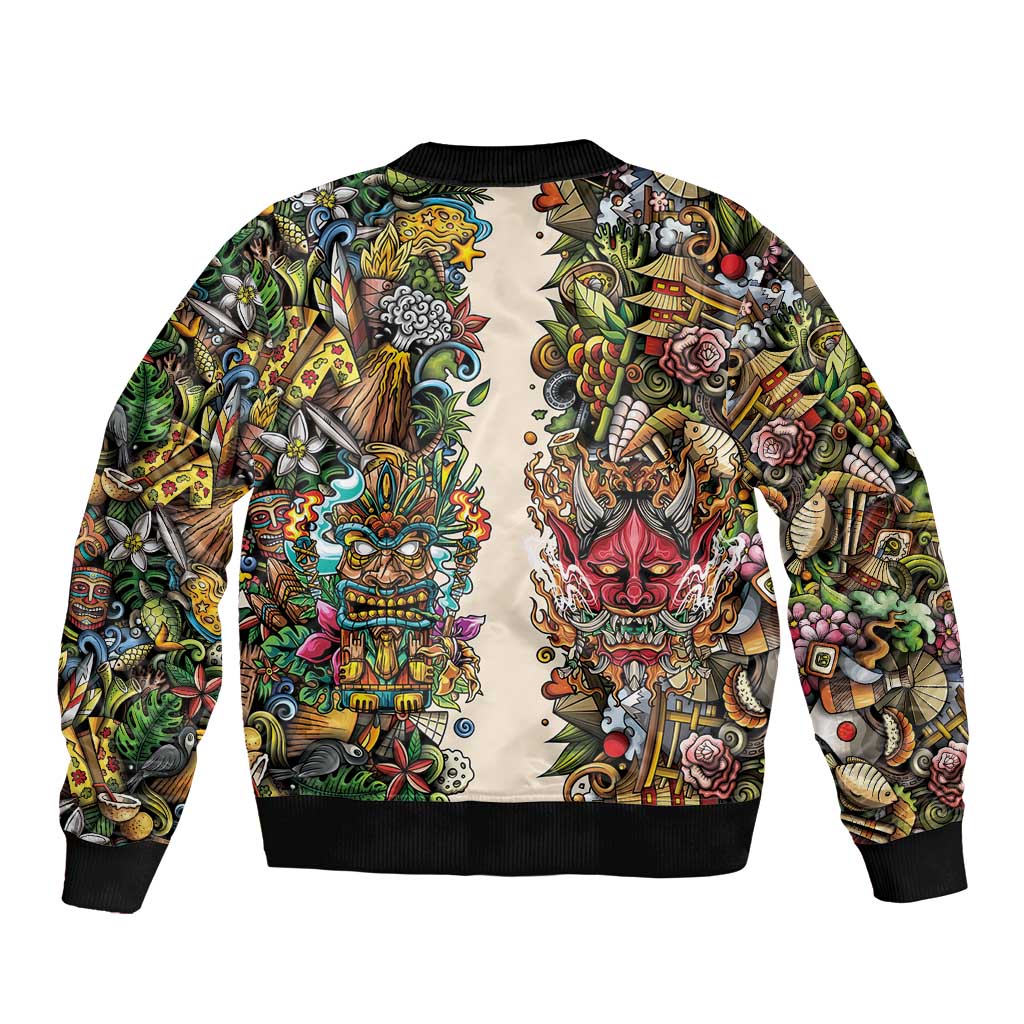 Hawaii And Japan Sleeve Zip Bomber Jacket Tiki With Oni Mask - Wonder Print Shop
