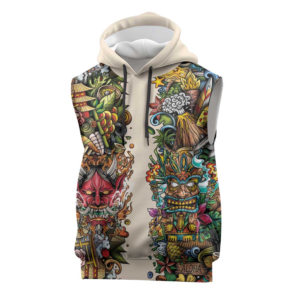 Hawaii And Japan Sleeveless Hoodie Tiki With Oni Mask - Wonder Print Shop
