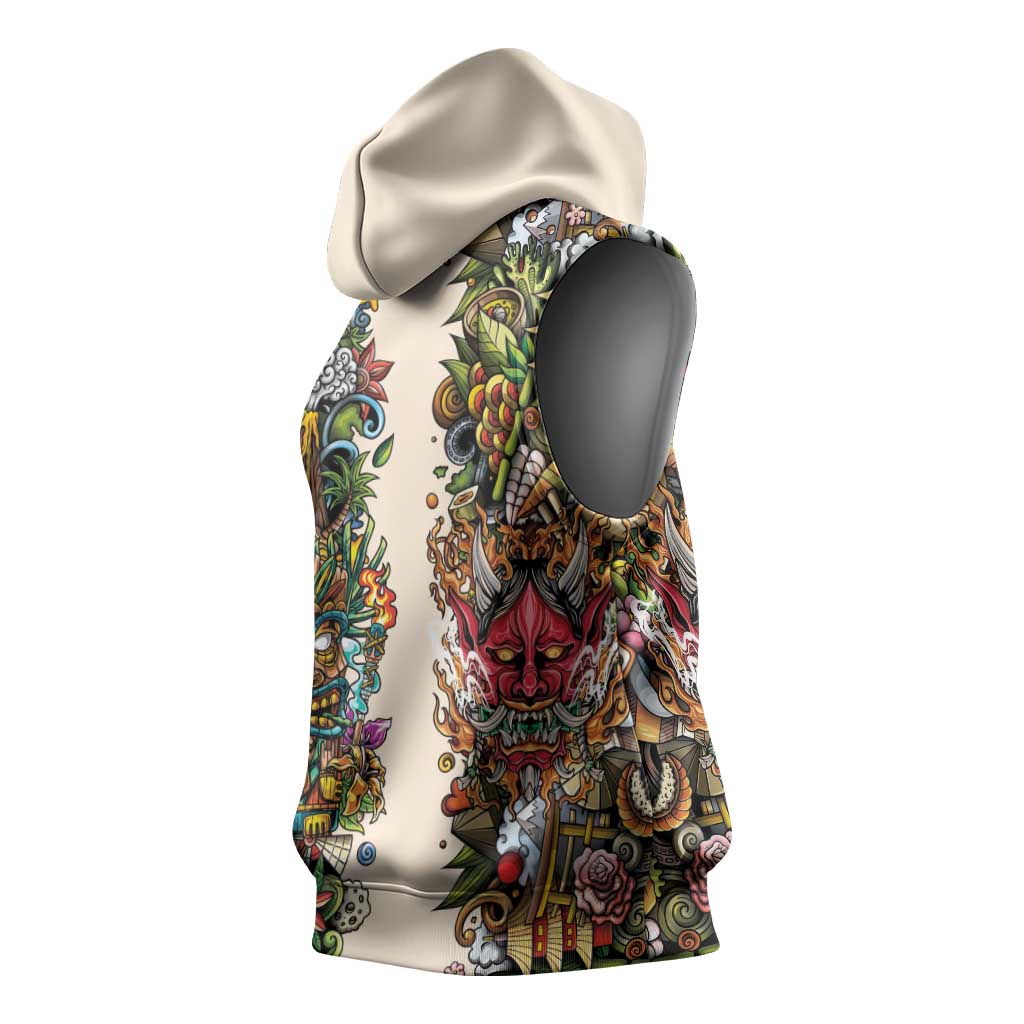 Hawaii And Japan Sleeveless Hoodie Tiki With Oni Mask - Wonder Print Shop