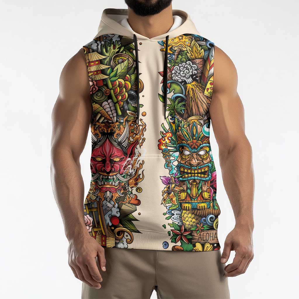 Hawaii And Japan Sleeveless Hoodie Tiki With Oni Mask - Wonder Print Shop