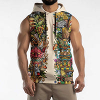 Hawaii And Japan Sleeveless Hoodie Tiki With Oni Mask - Wonder Print Shop