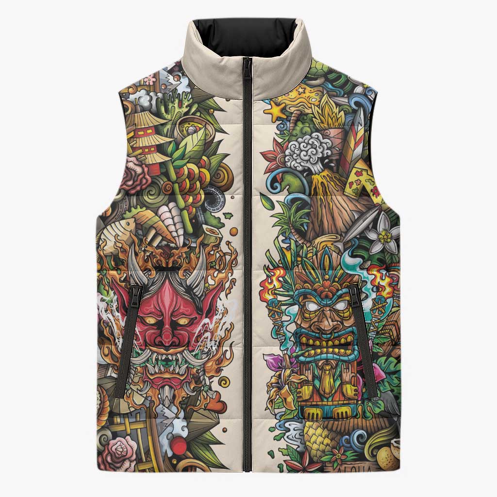 Hawaii And Japan Sleeveless Puffer Jacket Tiki With Oni Mask - Wonder Print Shop