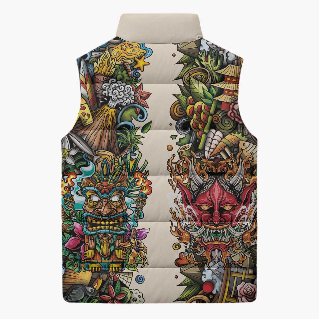 Hawaii And Japan Sleeveless Puffer Jacket Tiki With Oni Mask - Wonder Print Shop