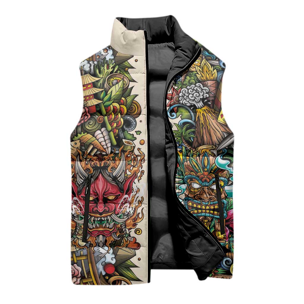 Hawaii And Japan Sleeveless Puffer Jacket Tiki With Oni Mask - Wonder Print Shop