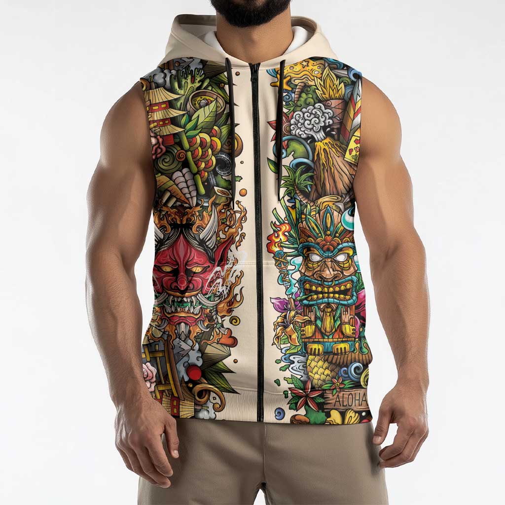 Hawaii And Japan Sleeveless Zip Hoodie Tiki With Oni Mask - Wonder Print Shop