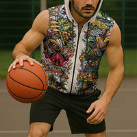 Hawaii And Japan Sleeveless Zip Hoodie Tiki With Oni Mask - Wonder Print Shop