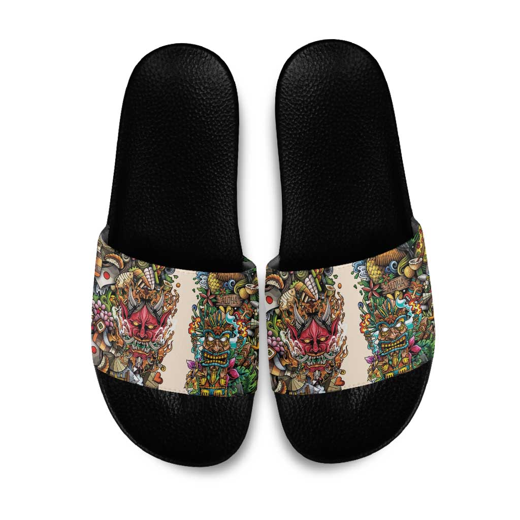 Hawaii And Japan Slide Sandals Tiki With Oni Mask - Wonder Print Shop