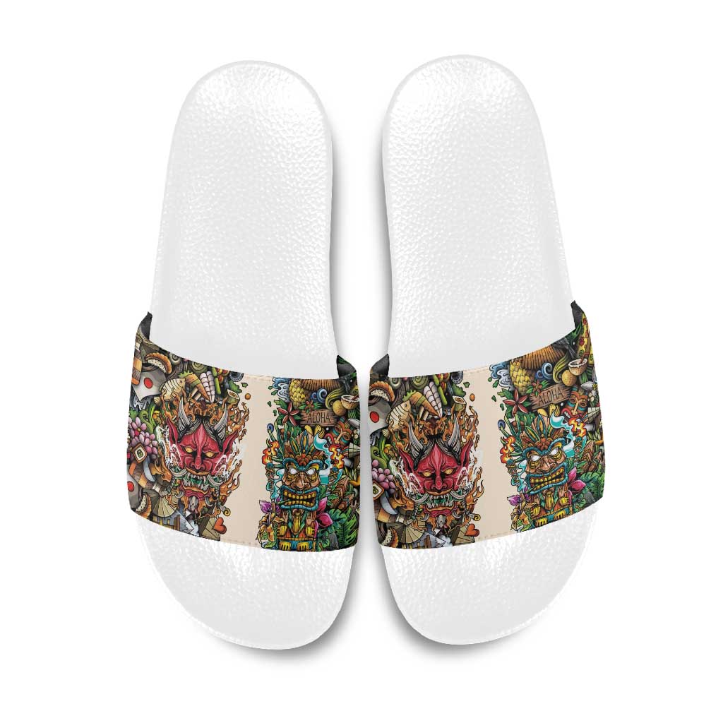 Hawaii And Japan Slide Sandals Tiki With Oni Mask - Wonder Print Shop