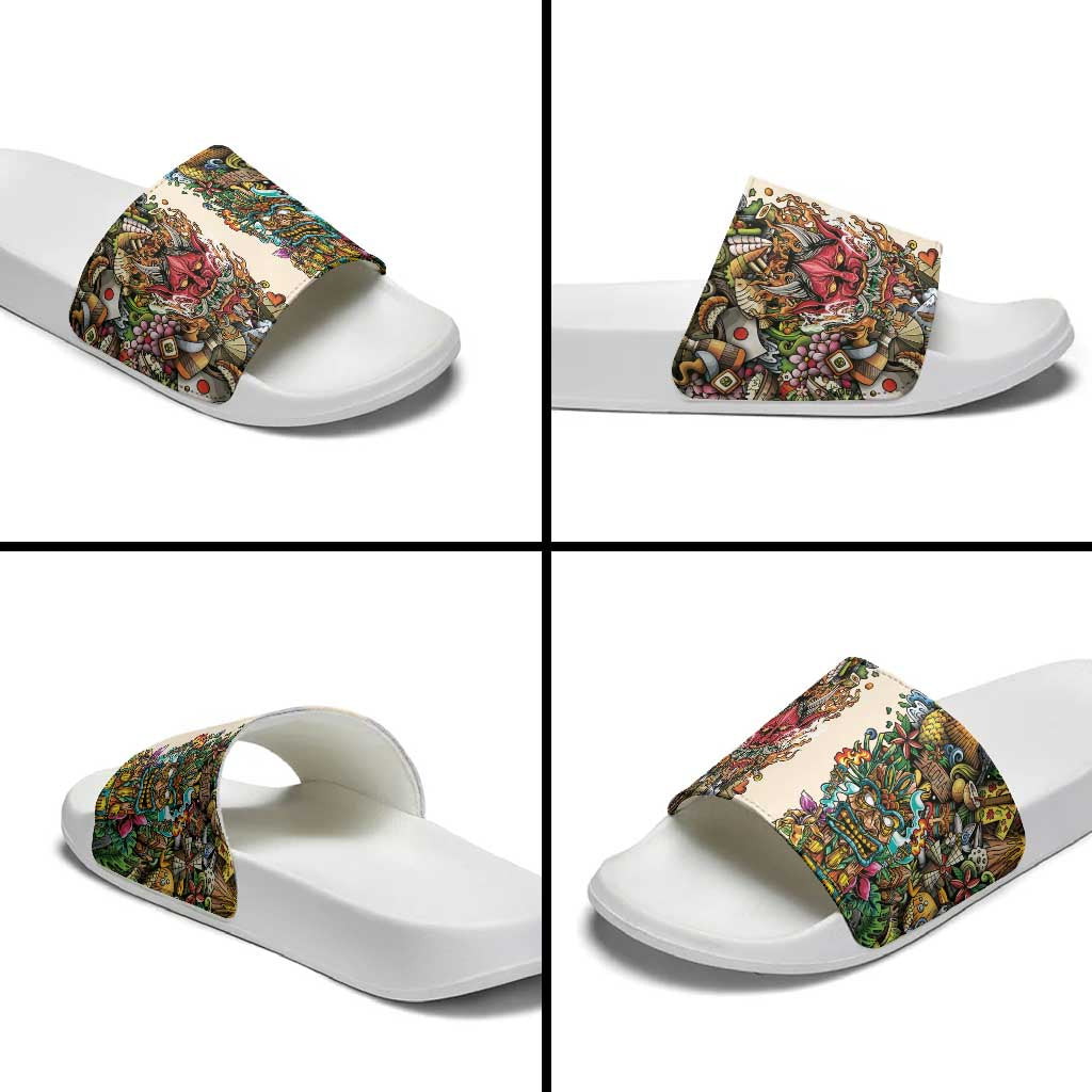 Hawaii And Japan Slide Sandals Tiki With Oni Mask - Wonder Print Shop