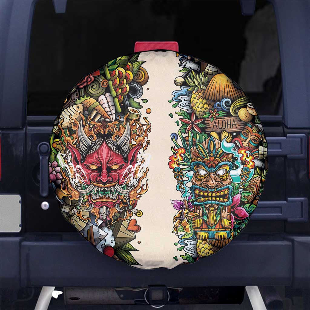 Hawaii And Japan Spare Tire Cover Tiki With Oni Mask - Wonder Print Shop