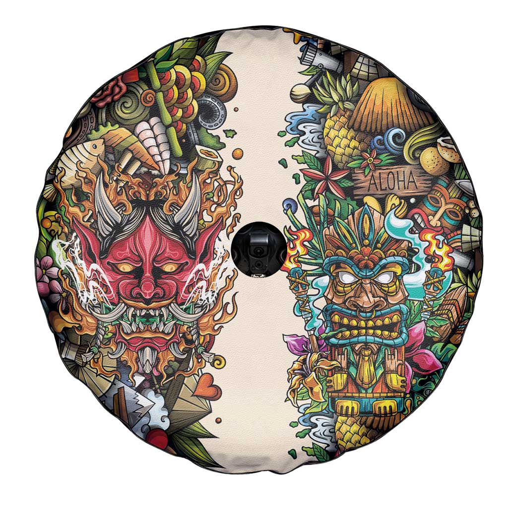 Hawaii And Japan Spare Tire Cover Tiki With Oni Mask - Wonder Print Shop
