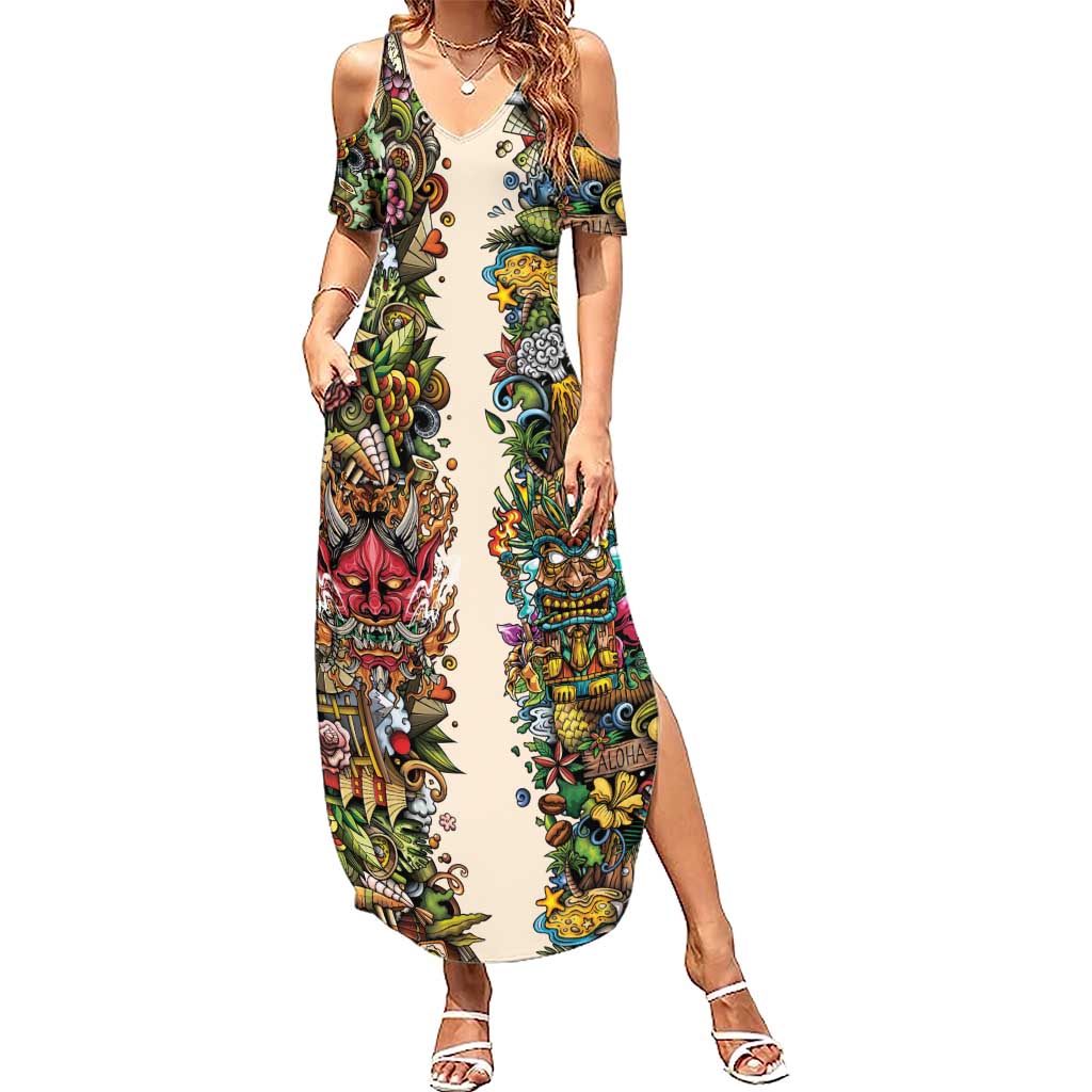 Hawaii And Japan Summer Maxi Dress Tiki With Oni Mask - Wonder Print Shop