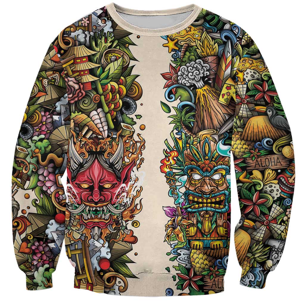 Hawaii And Japan Sweatshirt Tiki With Oni Mask - Wonder Print Shop