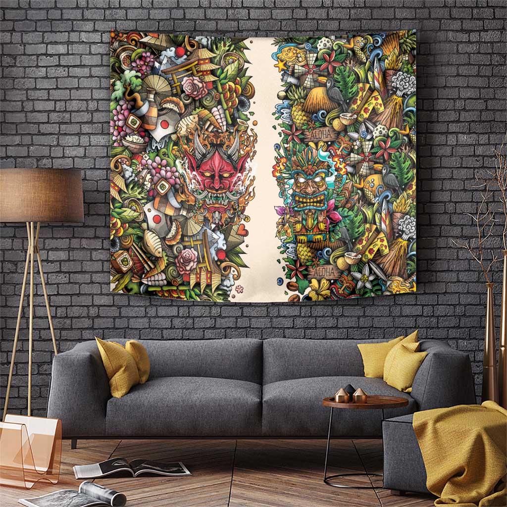 Hawaii And Japan Tapestry Tiki With Oni Mask - Wonder Print Shop