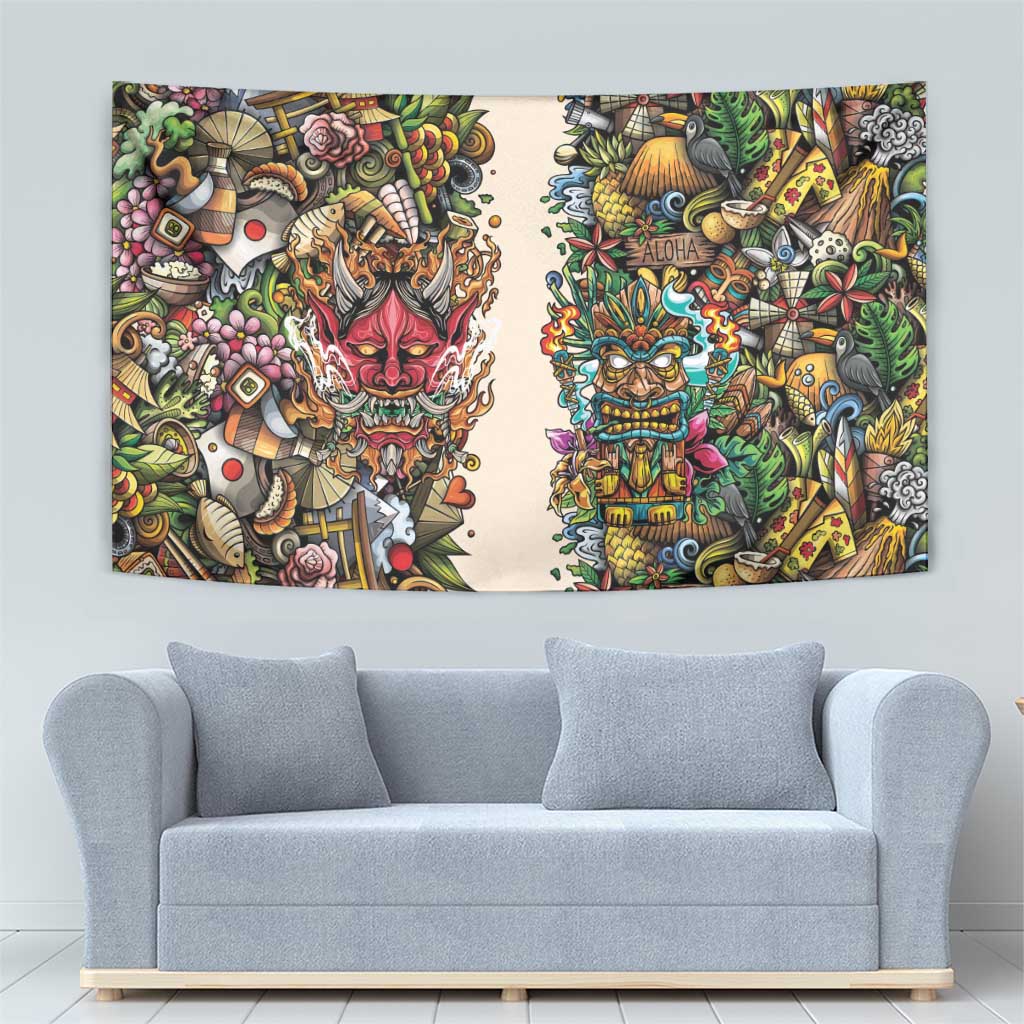 Hawaii And Japan Tapestry Tiki With Oni Mask - Wonder Print Shop