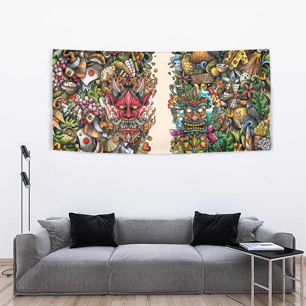 Hawaii And Japan Tapestry Tiki With Oni Mask - Wonder Print Shop